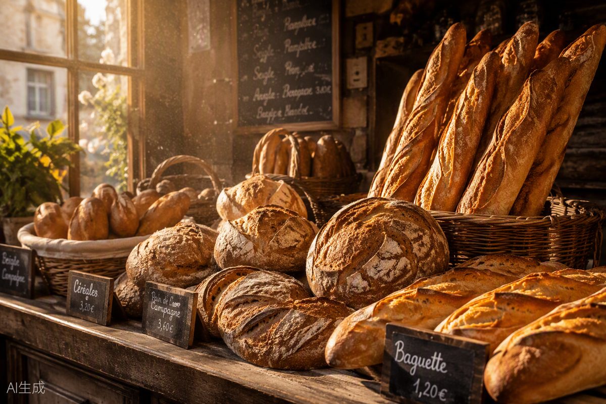 Pains au levain et baguettes sur le comptoir du fournil