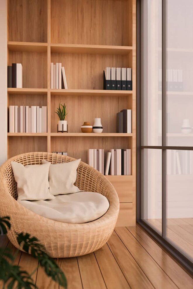 Bibliothèque murale sur mesure en bois clair
